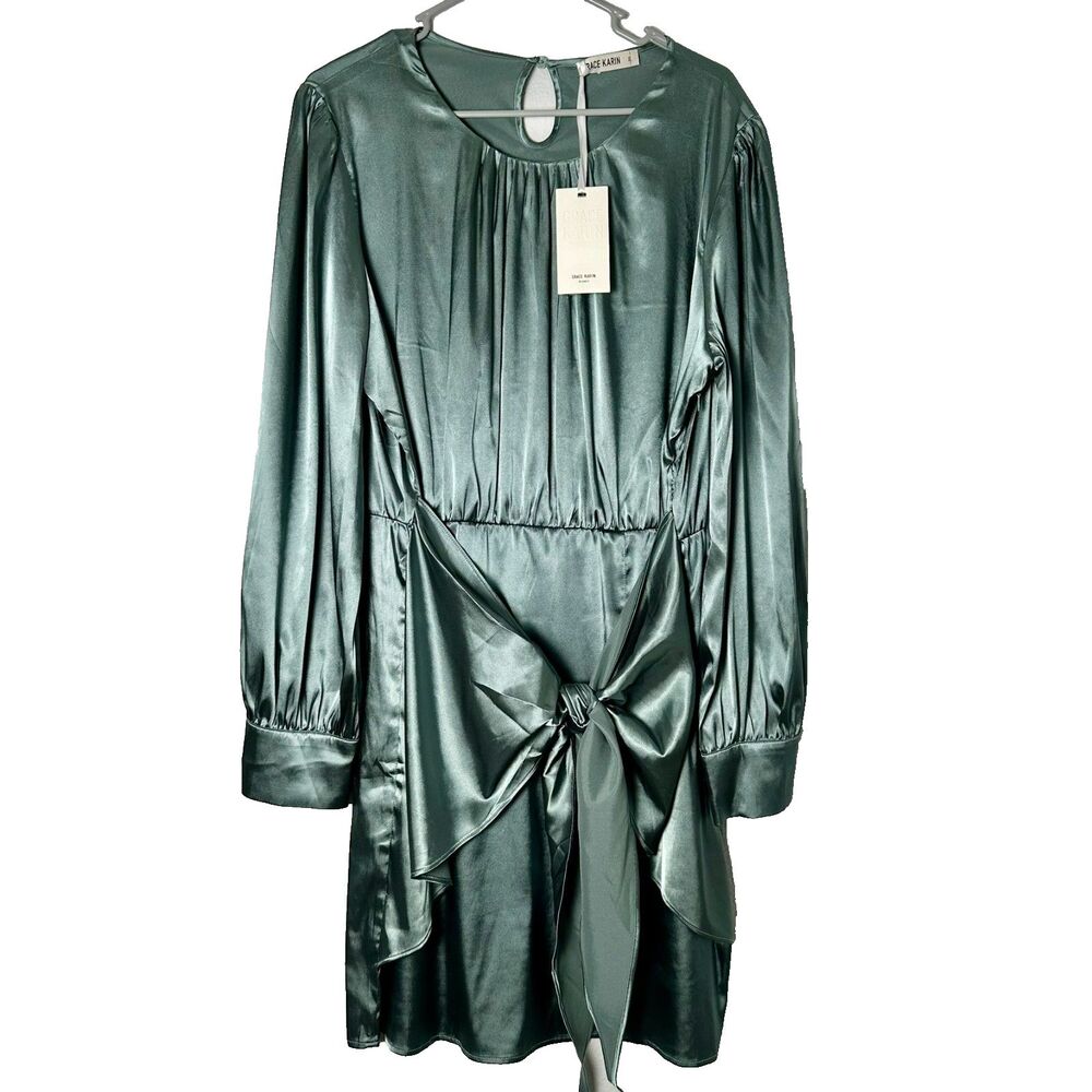 Grace Karin Women's  2XL Tied Front Long Sleeve Blue Midi Blouson‎ Dress